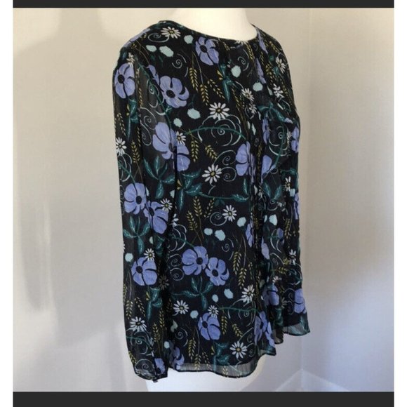 Banana Republic M Boho Blouse Floral Ruffle Pleats Medium Black Blue Green Daisy - Picture 4 of 8